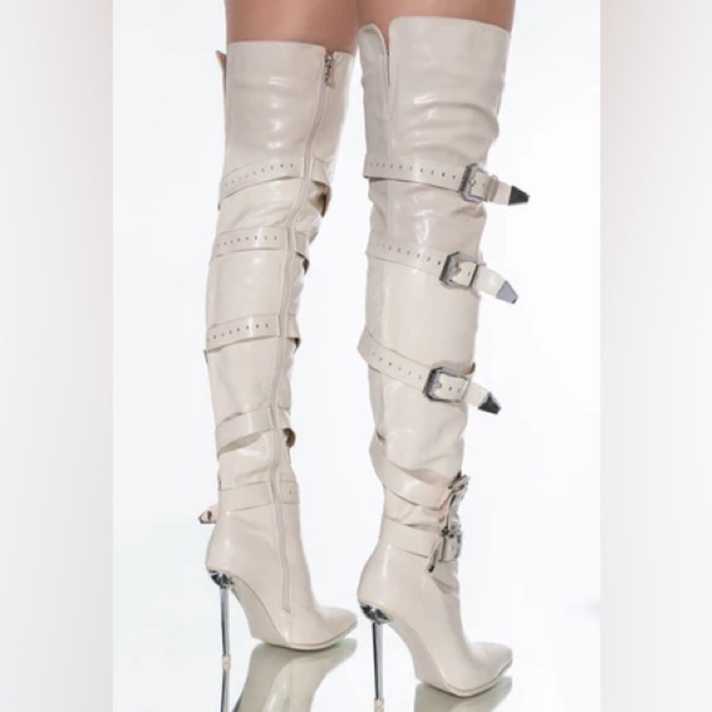 Azalea Wang Make It Last Stiletto Boots Buckle Beige Patent Women’s Size 7
